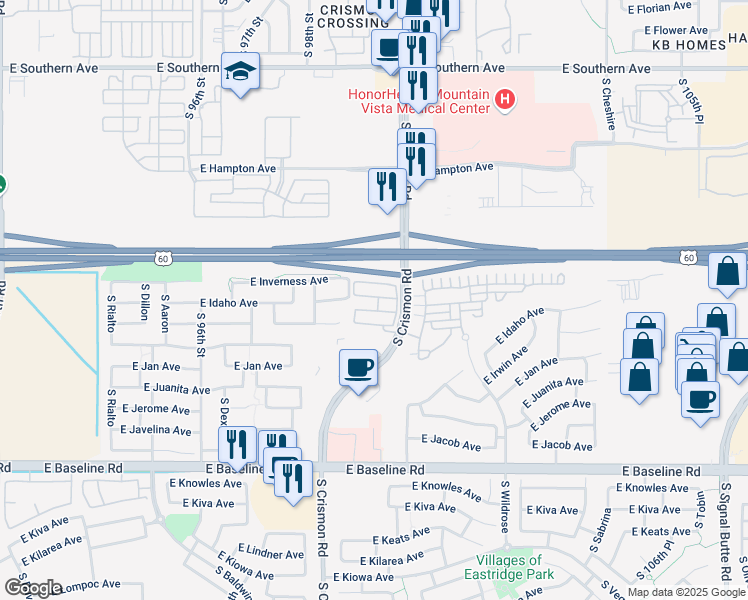 map of restaurants, bars, coffee shops, grocery stores, and more near 1650 South Crismon Road in Mesa