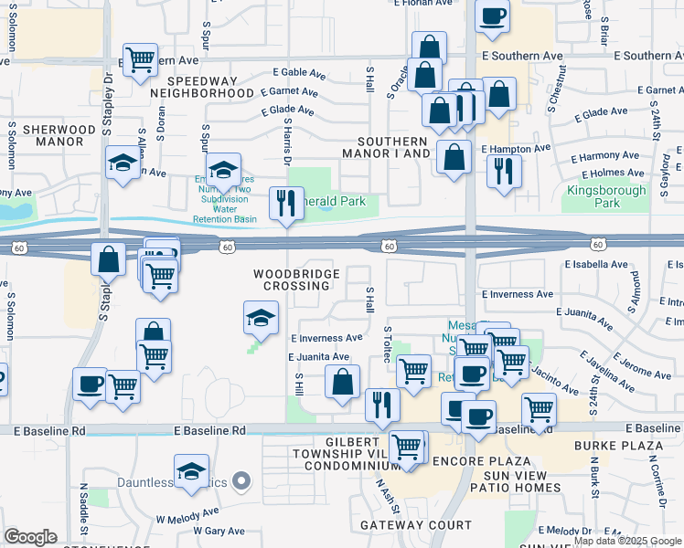 map of restaurants, bars, coffee shops, grocery stores, and more near 1620 South Williams in Mesa