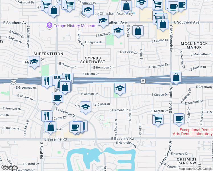 map of restaurants, bars, coffee shops, grocery stores, and more near 1200 East Greenway Drive in Tempe