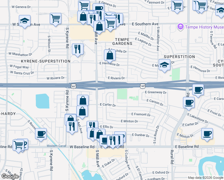 map of restaurants, bars, coffee shops, grocery stores, and more near 4410 South Grandview Avenue in Tempe