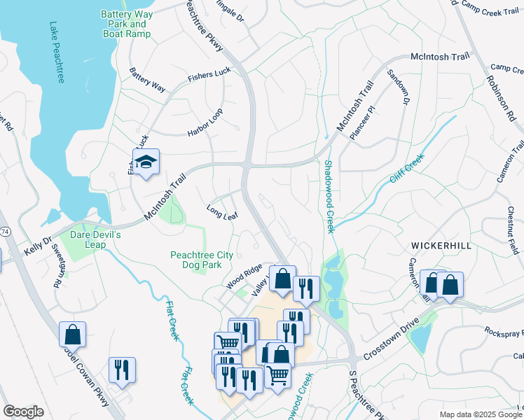 map of restaurants, bars, coffee shops, grocery stores, and more near 508 South Peachtree Parkway in Peachtree City