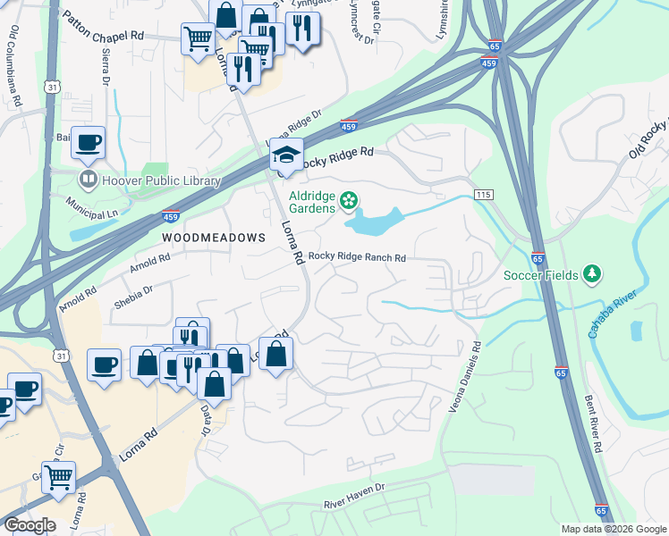 map of restaurants, bars, coffee shops, grocery stores, and more near 3601 Doe Lane in Hoover