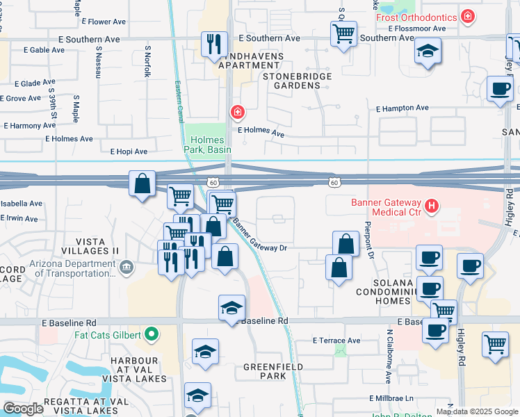 map of restaurants, bars, coffee shops, grocery stores, and more near in Mesa