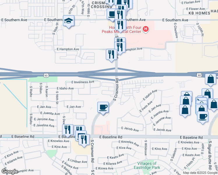 map of restaurants, bars, coffee shops, grocery stores, and more near 1650 South Crismon Road in Mesa