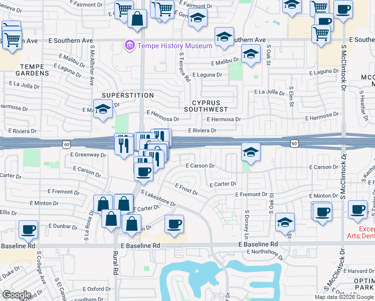 map of restaurants, bars, coffee shops, grocery stores, and more near 1068 East Greenway Drive in Tempe