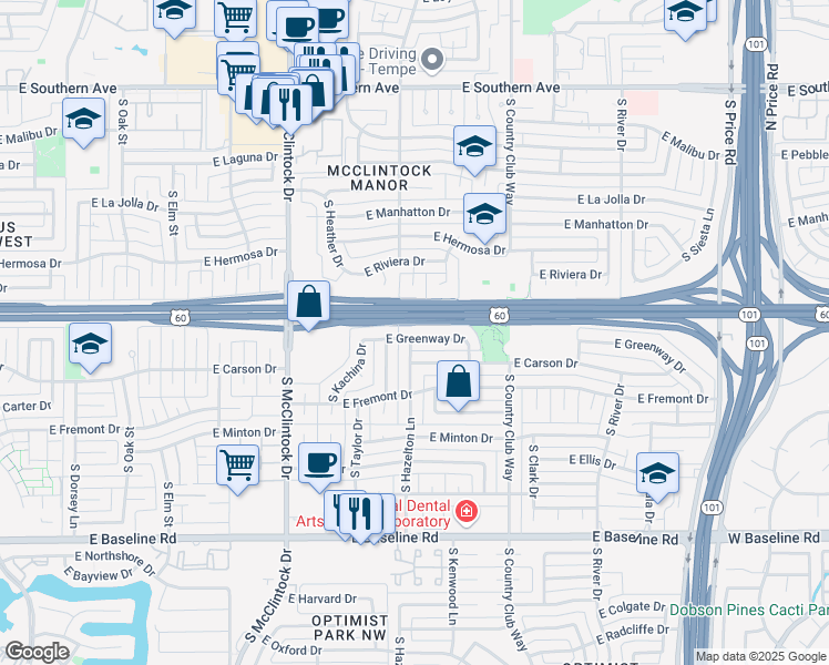 map of restaurants, bars, coffee shops, grocery stores, and more near 1904 East Greenway Drive in Tempe