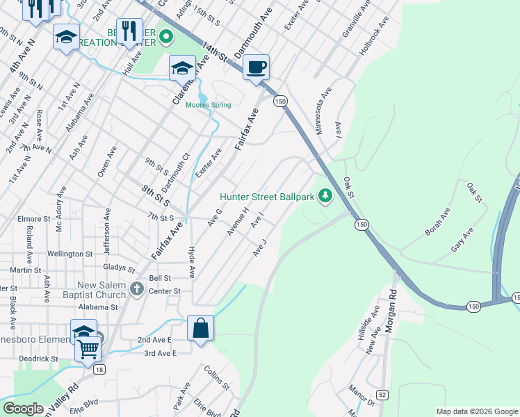map of restaurants, bars, coffee shops, grocery stores, and more near 1021 Avenue I in Bessemer