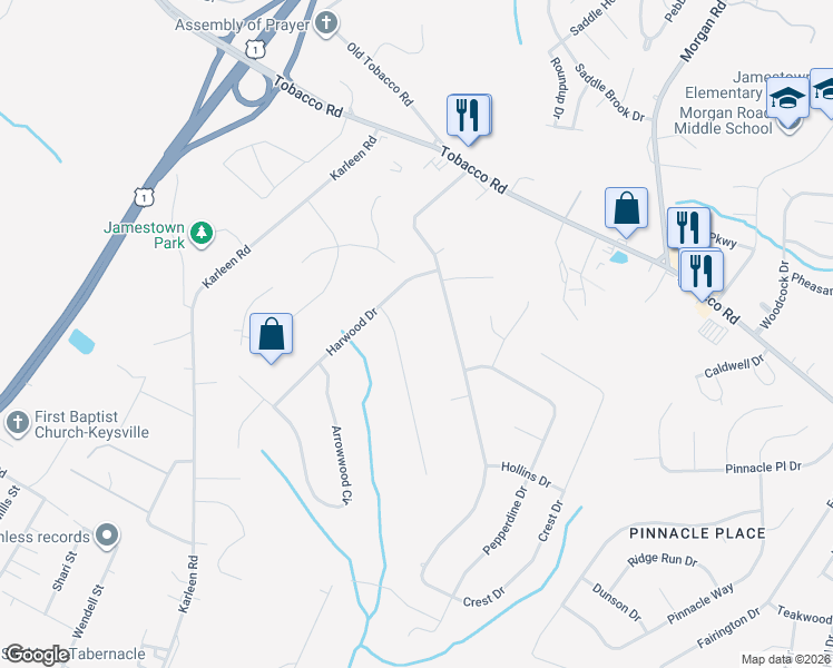 map of restaurants, bars, coffee shops, grocery stores, and more near 2506 Sand Ridge Court in Hephzibah