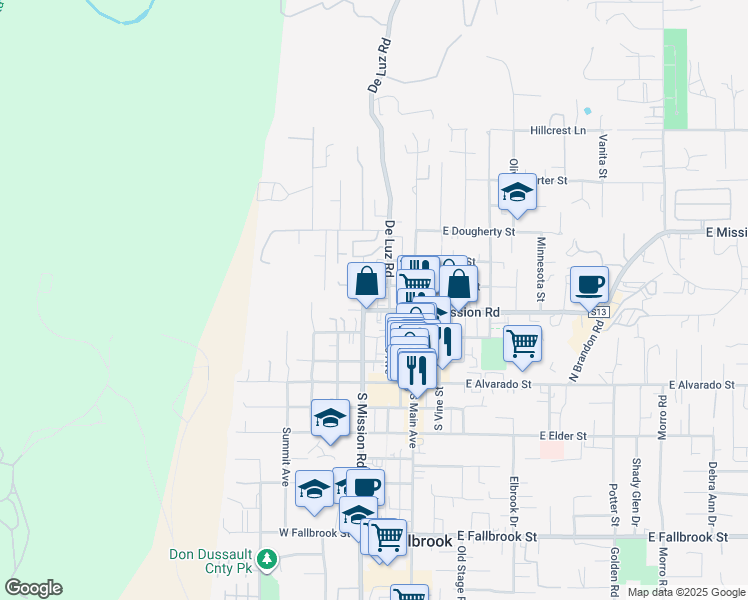 map of restaurants, bars, coffee shops, grocery stores, and more near 234 West Kalmia Street in Fallbrook
