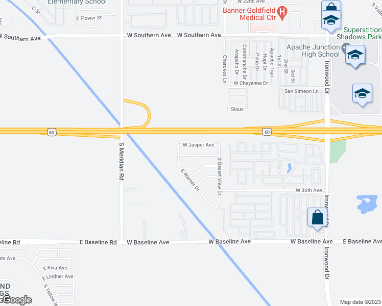 map of restaurants, bars, coffee shops, grocery stores, and more near 2656 West Ironstone Avenue in Apache Junction