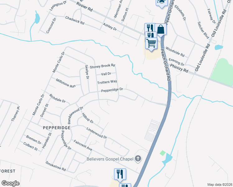 map of restaurants, bars, coffee shops, grocery stores, and more near 3547 Stoney Brook Road in Augusta