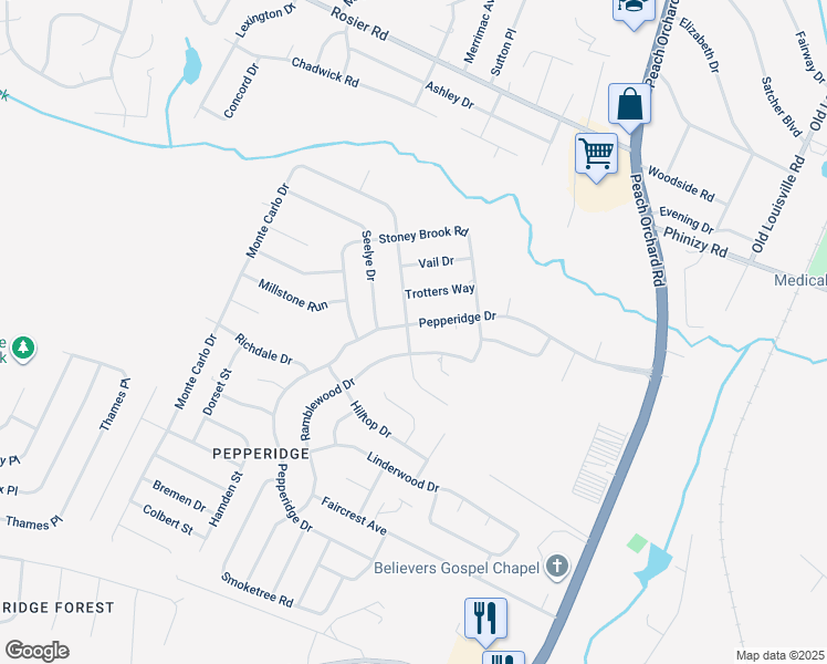 map of restaurants, bars, coffee shops, grocery stores, and more near 2181 Pepperidge Drive in Augusta
