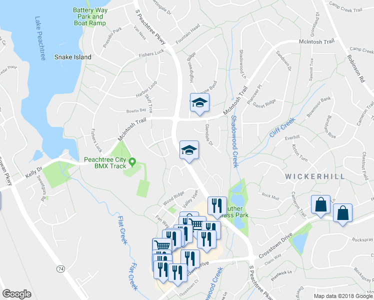 map of restaurants, bars, coffee shops, grocery stores, and more near 502 South Peachtree Parkway in Peachtree City