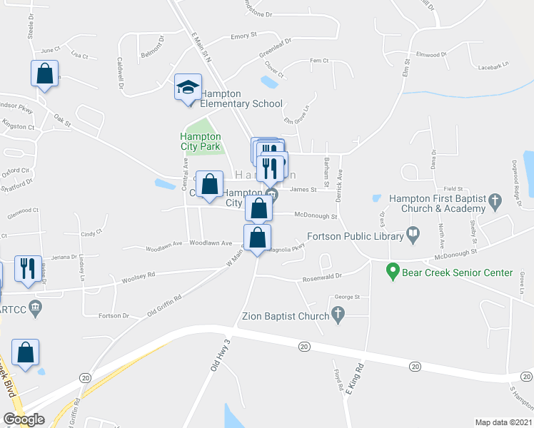 map of restaurants, bars, coffee shops, grocery stores, and more near 20 East Main Street South in Hampton