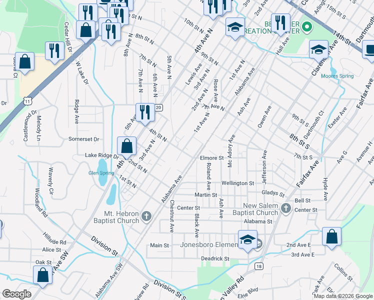 map of restaurants, bars, coffee shops, grocery stores, and more near 417 1st Avenue North in Bessemer