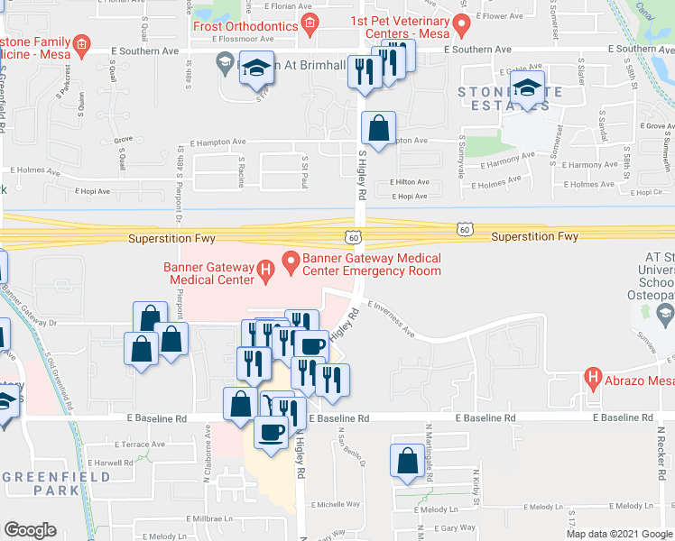 map of restaurants, bars, coffee shops, grocery stores, and more near 1920 South Higley Road in Mesa