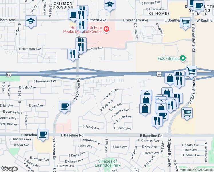 map of restaurants, bars, coffee shops, grocery stores, and more near 10219 East Isleta Avenue in Mesa