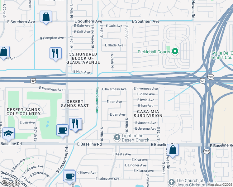map of restaurants, bars, coffee shops, grocery stores, and more near 7929 East Inverness Avenue in Mesa