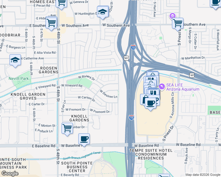 map of restaurants, bars, coffee shops, grocery stores, and more near 2031 West Riviera Drive in Tempe