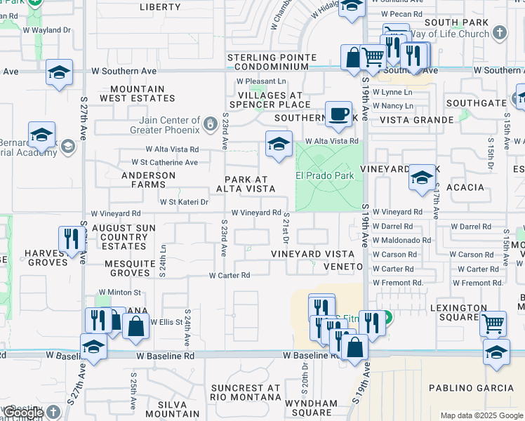 map of restaurants, bars, coffee shops, grocery stores, and more near 2131 West Vineyard Road in Phoenix