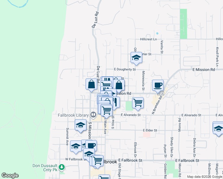 map of restaurants, bars, coffee shops, grocery stores, and more near 438 North Vine Street in Fallbrook