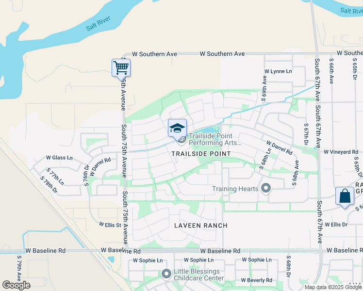 map of restaurants, bars, coffee shops, grocery stores, and more near 7275 West Vineyard Road in Phoenix