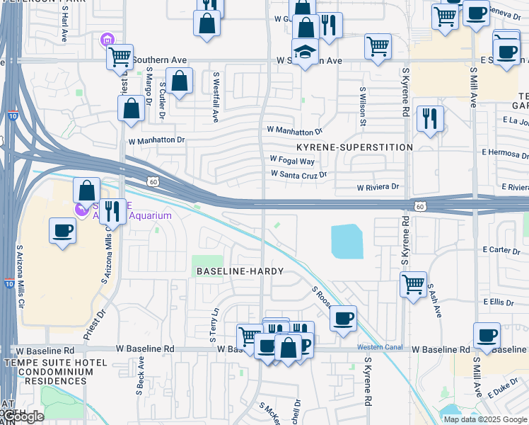 map of restaurants, bars, coffee shops, grocery stores, and more near 4505 South Hardy Drive in Tempe