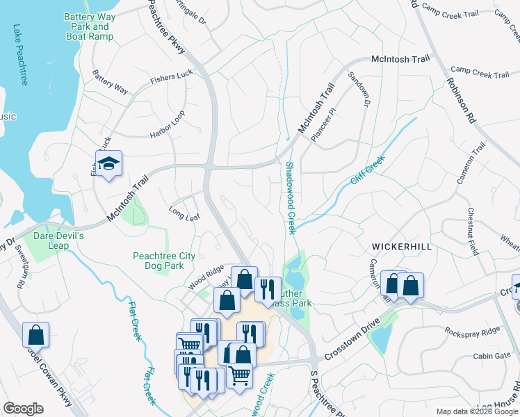 map of restaurants, bars, coffee shops, grocery stores, and more near 116 Glendale Drive in Peachtree City