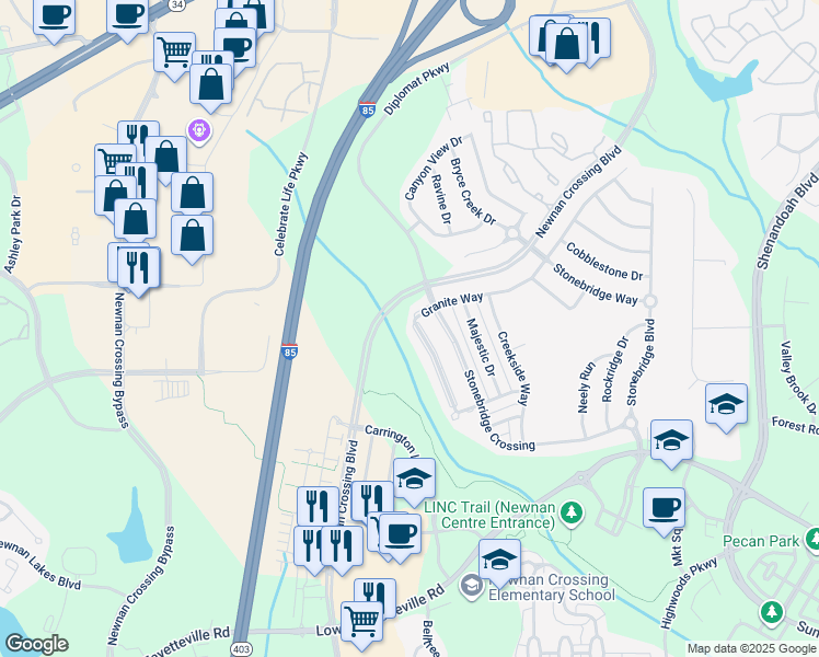 map of restaurants, bars, coffee shops, grocery stores, and more near 187 Granite Way in Newnan