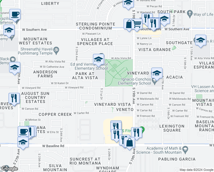 map of restaurants, bars, coffee shops, grocery stores, and more near 2038 West Vineyard Road in Phoenix