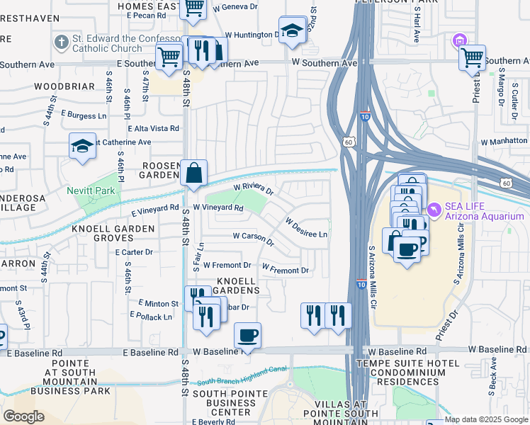 map of restaurants, bars, coffee shops, grocery stores, and more near 4365 South Potter Drive in Tempe