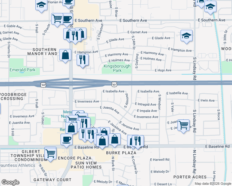 map of restaurants, bars, coffee shops, grocery stores, and more near 2328 East Isabella Avenue in Mesa