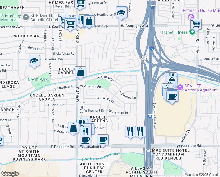 map of restaurants, bars, coffee shops, grocery stores, and more near 4365 South Potter Drive in Tempe