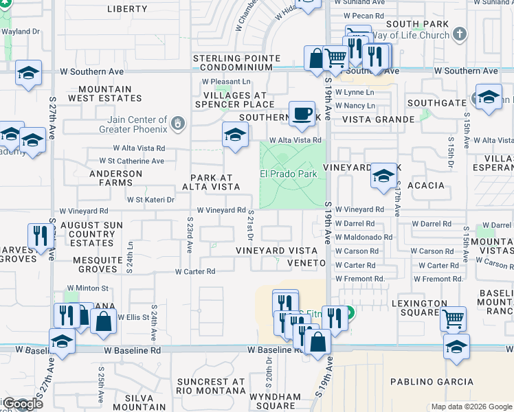 map of restaurants, bars, coffee shops, grocery stores, and more near 6711 South 21st Drive in Phoenix