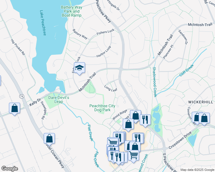 map of restaurants, bars, coffee shops, grocery stores, and more near 301 Park Leaf in Peachtree City