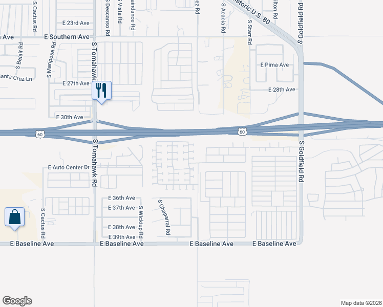 map of restaurants, bars, coffee shops, grocery stores, and more near 3295 South Conestoga Road in Apache Junction
