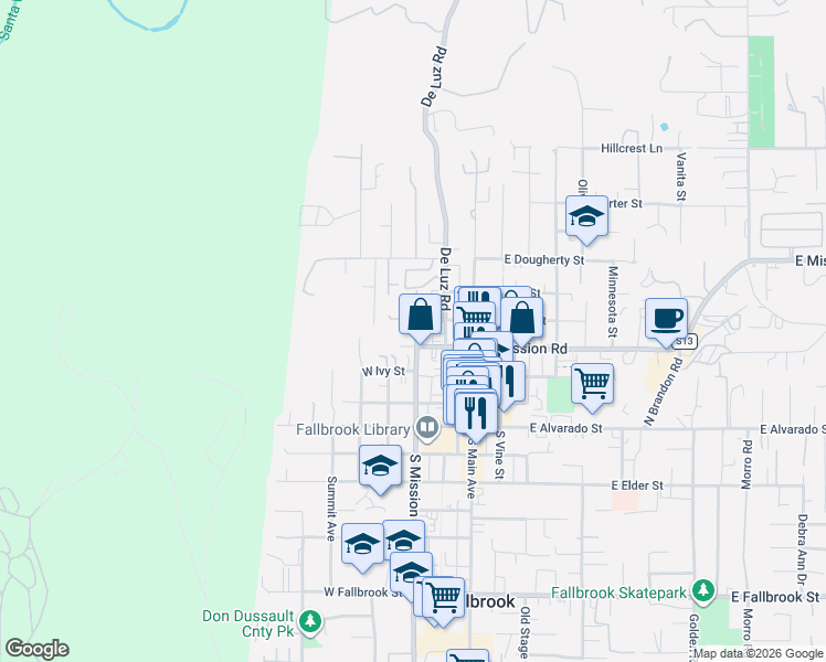 map of restaurants, bars, coffee shops, grocery stores, and more near 438 North Hill Avenue in Fallbrook