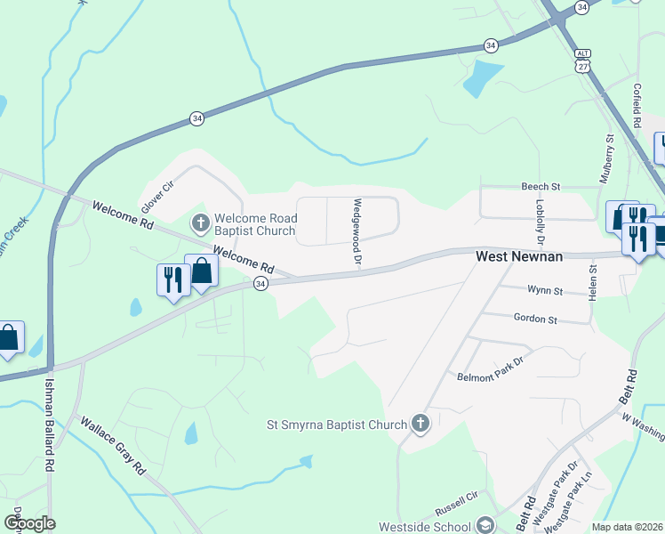 map of restaurants, bars, coffee shops, grocery stores, and more near 111 Franklin Rd in Newnan