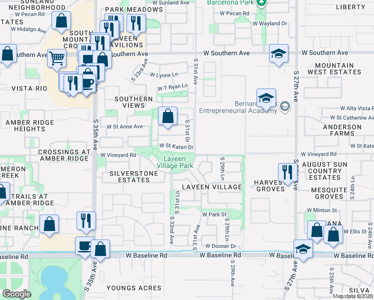 map of restaurants, bars, coffee shops, grocery stores, and more near 3136 West Saint Kateri Drive in Phoenix