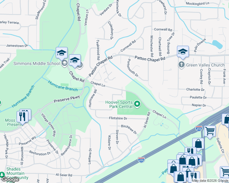 map of restaurants, bars, coffee shops, grocery stores, and more near 3444 Chapel Lane in Birmingham