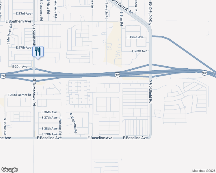 map of restaurants, bars, coffee shops, grocery stores, and more near 3355 South Cortez Road in Apache Junction