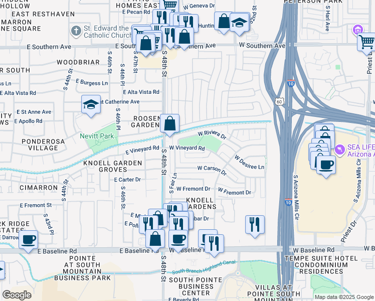 map of restaurants, bars, coffee shops, grocery stores, and more near 2617 West Vineyard Road in Tempe