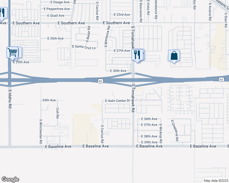 map of restaurants, bars, coffee shops, grocery stores, and more near 1360 East Auto Center Drive in Apache Junction