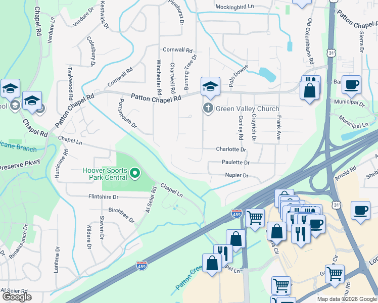 map of restaurants, bars, coffee shops, grocery stores, and more near 3475 Tamassee Lane in Birmingham