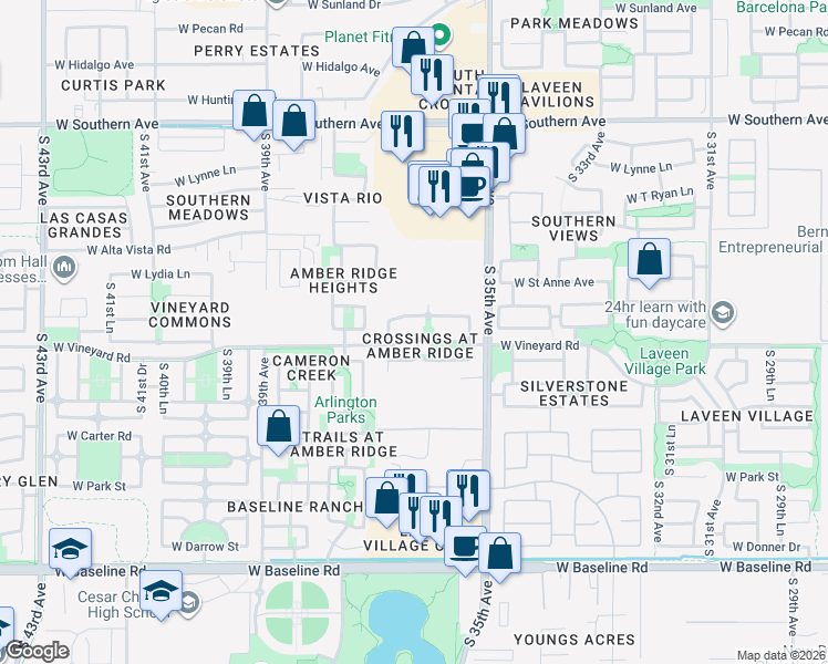 map of restaurants, bars, coffee shops, grocery stores, and more near 3614 West Vineyard Road in Phoenix