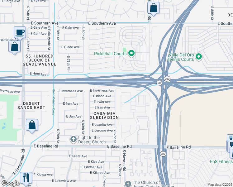 map of restaurants, bars, coffee shops, grocery stores, and more near 8218 East Inverness Avenue in Mesa