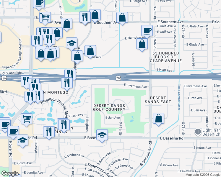 map of restaurants, bars, coffee shops, grocery stores, and more near 7401 East Inverness Avenue in Mesa