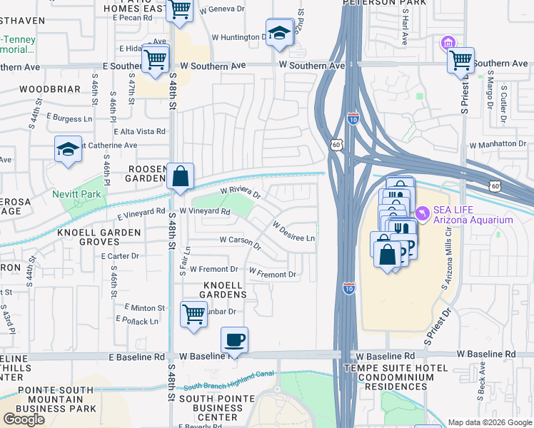 map of restaurants, bars, coffee shops, grocery stores, and more near 2201 West Riviera Drive in Tempe