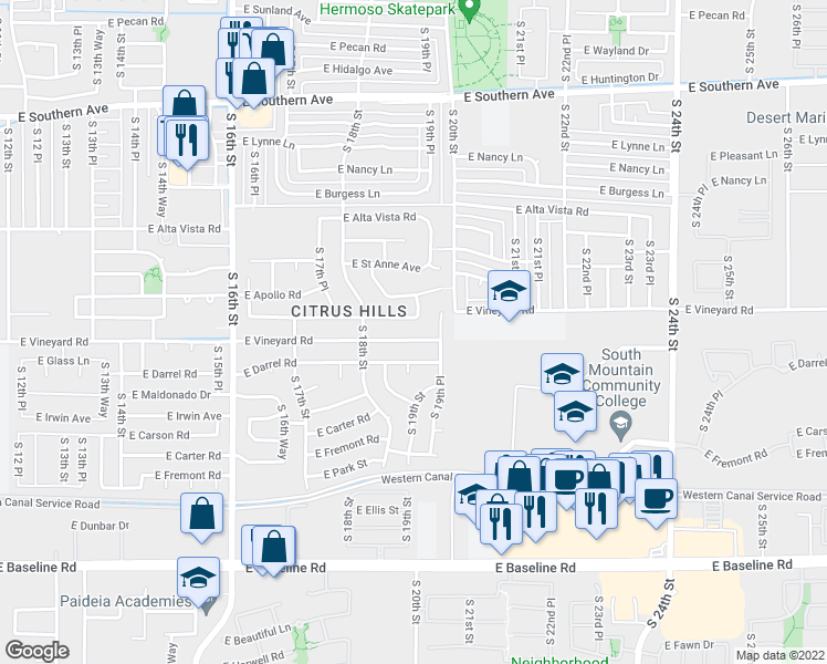 map of restaurants, bars, coffee shops, grocery stores, and more near 1827 East Saint Charles Avenue in Phoenix