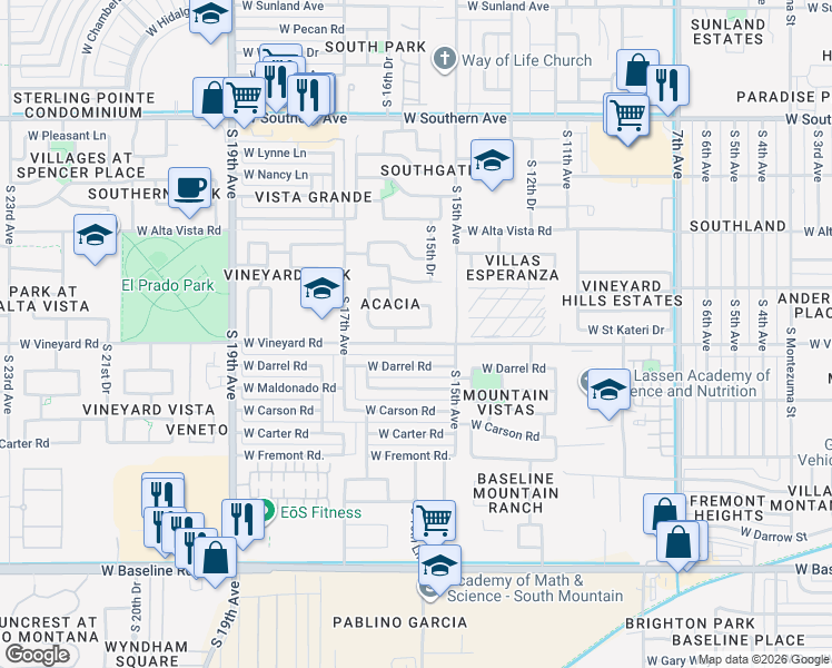 map of restaurants, bars, coffee shops, grocery stores, and more near 1533 West Saint Kateri Drive in Phoenix